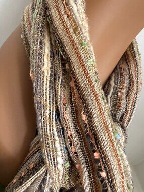 Vintage 70s Long Woven Tan Scarf Shawl Neck Rectangle Fringe India Boho